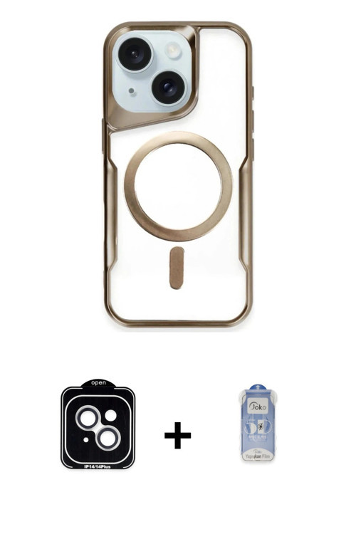 ieg™ iPhone 14 Kılıf Yadigar Klasik Özel Seri - Siyah Joko Magic 5D Cam + Gümüş PVD Metal Kamera Len