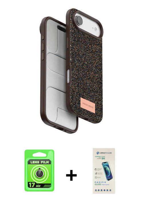ieg™ iPhone 17 Air Kılıf Vadi Klasik Serisi - Şeffaf Pasifik Cam Ekran Koruyucu + Gold Raze Metal Ka