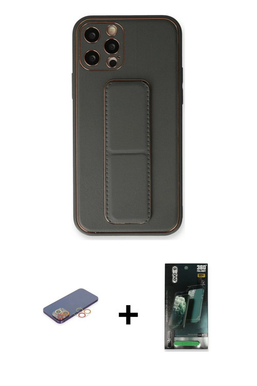 ieg™ iPhone 12 Pro Kılıf Akış Doku - Siyah 360 Mat Full Body Arka Koruyucu + Turuncu Renkli Kamera L