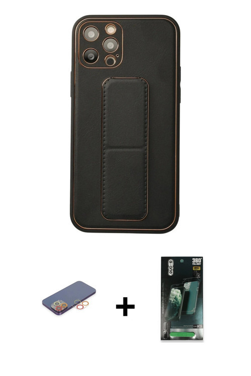 ieg™ iPhone 12 Pro Kılıf Akış Doku - Siyah 360 Mat Full Body Arka Koruyucu + Turuncu Renkli Kamera L