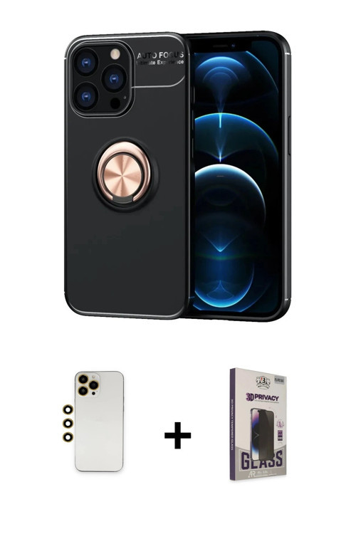 ieg™ iPhone 13 Pro Max Kılıf Yankı Form Prime - Siyah Bilvis Hayalet Cam Ekran Koruyucu + Gold Shine
