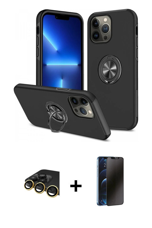 ieg™ iPhone 13 Pro Max Kılıf Odak Form Prime - Siyah 3D Antistatik Hayalet Cam Ekran Koruyucu + Gold