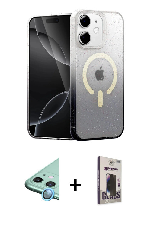 ieg™ iPhone 11 Kılıf Eksen Minimal Özel Seri - Siyah Bilvis Hayalet Cam Ekran Koruyucu + Mavi Raze M