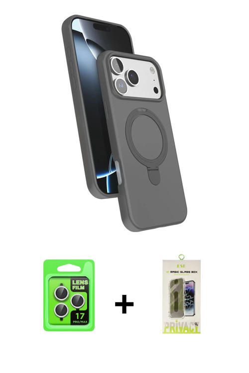 ieg™ iPhone 17 Pro Kılıf İz Işık Koleksiyonu - Siyah Joko Magic 5D Hayalet Cam + Gümüş Raze Metal Ka