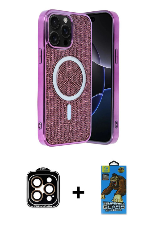 ieg™ iPhone 14 Pro Max Kılıf Eksen Çizgi - Siyah 18D Cam Ekran Koruyucu + Turuncu PVD Metal Kamera L