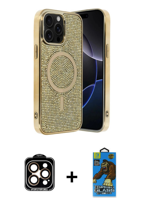 ieg™ iPhone 14 Pro Max Kılıf Eksen Çizgi - Siyah 18D Cam Ekran Koruyucu + Turuncu PVD Metal Kamera L