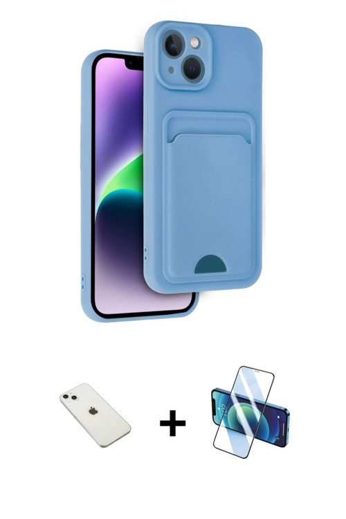 ieg™ iPhone 14 Kılıf Vadi Çizgi Prime - Siyah 3D Antistatik Cam Ekran Koruyucu + Sierra Blue Diamond