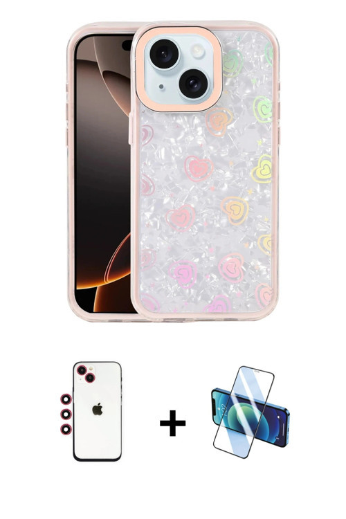 ieg™ iPhone 14 Kılıf Odak Prime - Siyah 3D Antistatik Cam Ekran Koruyucu + Kırmızı Shine Kamera Lens
