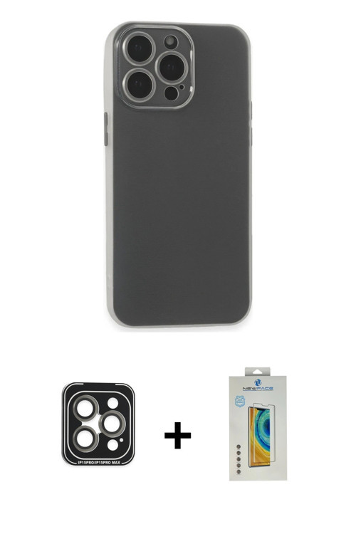 ieg™ iPhone 15 Pro Max Kılıf Atlas Minimal Prime - Siyah Polymer Nano Ekran Koruyucu + Gri PVD Metal