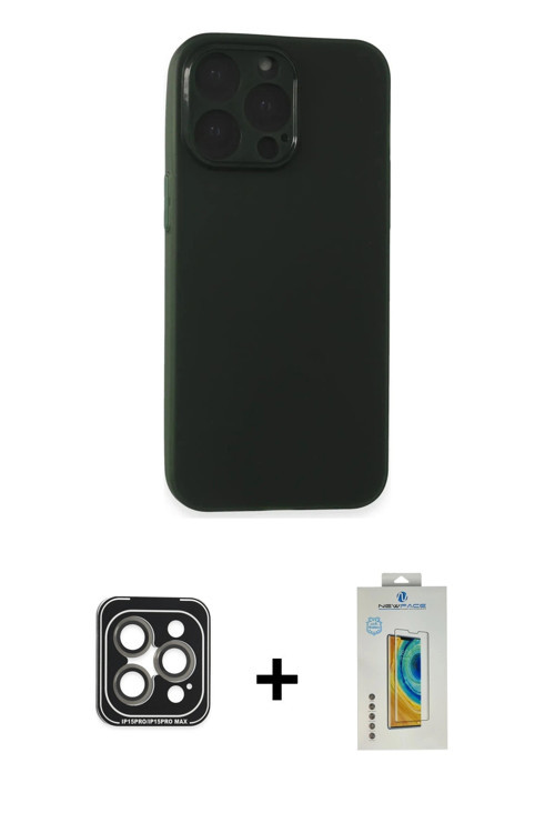 ieg™ iPhone 15 Pro Max Kılıf Atlas Minimal Prime - Siyah Polymer Nano Ekran Koruyucu + Gri PVD Metal