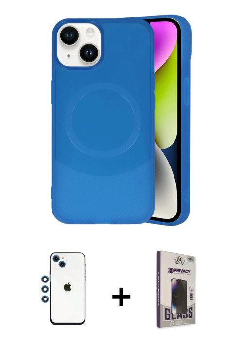ieg™ iPhone 14 Kılıf Ufuk Serisi - Siyah Bilvis Hayalet Cam Ekran Koruyucu + Mavi Shine Kamera Lens