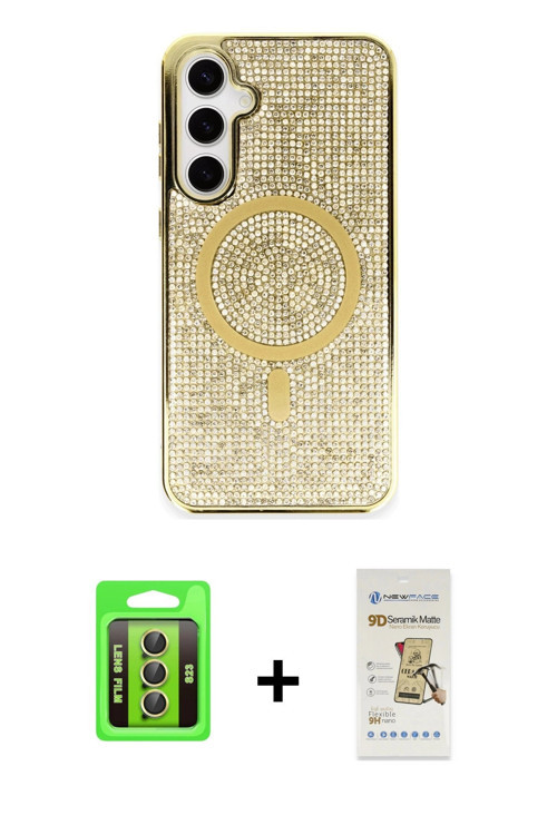 ieg™ Galaxy S23 Kılıf Eksen Çizgi - Siyah Mat Seramik Nano Ekran Koruyucu + Sarı Raze Metal Kamera L