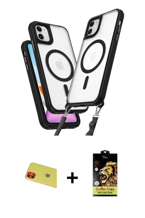 ieg™ iPhone 11 Kılıf Atlas Doku Koleksiyonu - Siyah Buffer Cam Ekran Koruyucu + Kırmızı Rainbow Kame