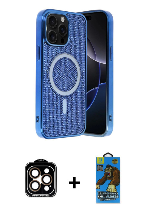 ieg™ iPhone 14 Pro Max Kılıf Eksen Çizgi - Siyah 18D Cam Ekran Koruyucu + Turuncu PVD Metal Kamera L