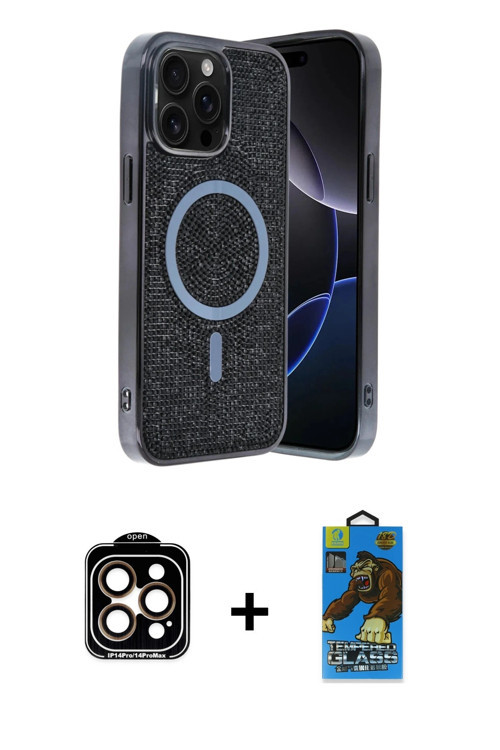 ieg™ iPhone 14 Pro Max Kılıf Eksen Çizgi - Siyah 18D Cam Ekran Koruyucu + Turuncu PVD Metal Kamera L