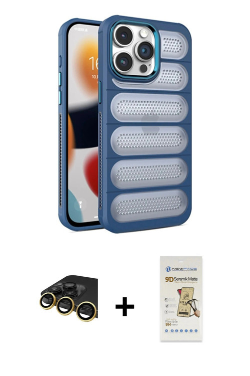 ieg™ iPhone 14 Pro Max Kılıf Yadigar Doku Özel Seri - Siyah Mat Seramik Nano Ekran Koruyucu + Gold R