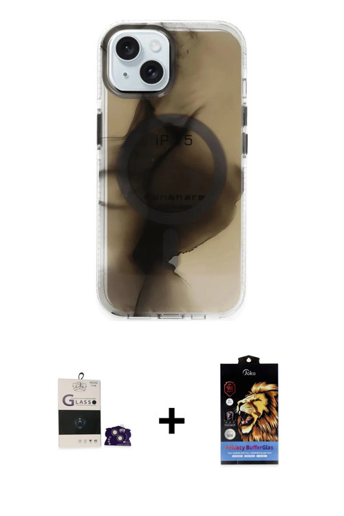 ieg™ iPhone 15 Kılıf Ufuk Doku Prime - Siyah Buffer Hayalet Cam Ekran Koruyucu + Pembe Bilvis Titan