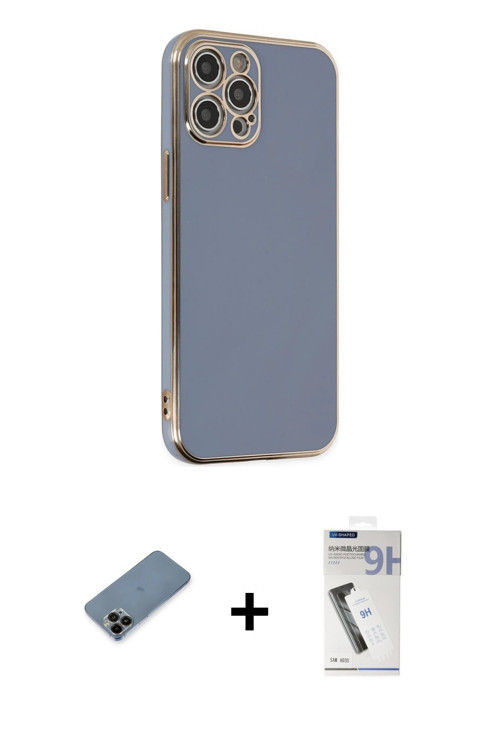 iPhone 12 Pro Kılıf Yankı Serisi - Şeffaf Uv Polymer Nano Ekran Koruyucu + Siyah Shine Kamera L