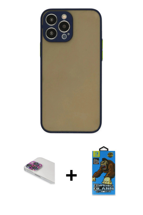 ieg™ iPhone 13 Pro Max Kılıf Ahenk Çizgi Serisi - Siyah 18D Cam Ekran Koruyucu + Gökkuşağı Pers Alüm
