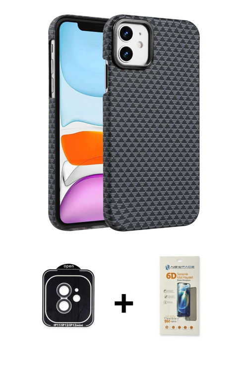 ieg™ iPhone 11 Kılıf Doruk Serisi - Siyah 6D Mat Seramik Hayalet Nano Ekran Koruyucu + Siyah PVD Met
