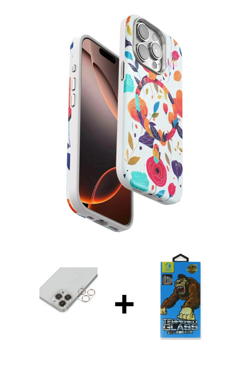 ieg™ iPhone 14 Pro Max Kılıf Siluet Doku - Siyah 18D Cam Ekran Koruyucu + Gold Band Metal Kamera Len