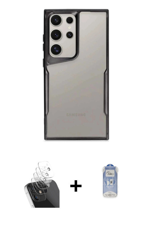 ieg™ Galaxy S24 Ultra Kılıf Akış Çizgi Koleksiyonu - Siyah Joko Magic 5D Cam + Şeffaf Kamera Lens Ko