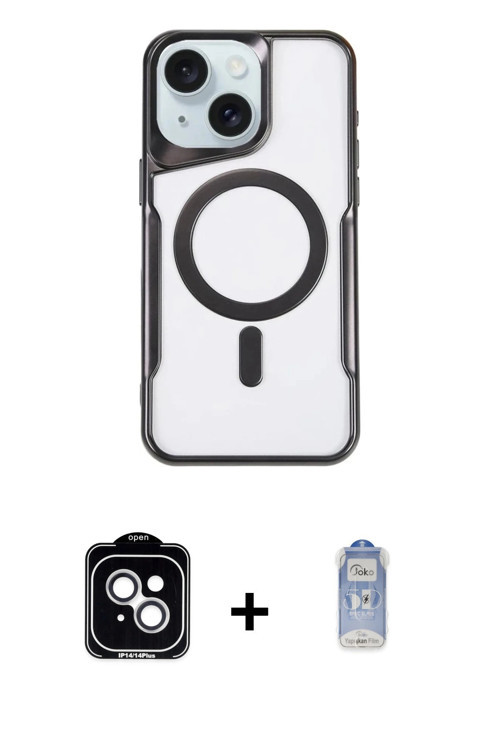 ieg™ iPhone 14 Kılıf Yadigar Klasik Özel Seri - Siyah Joko Magic 5D Cam + Gümüş PVD Metal Kamera Len