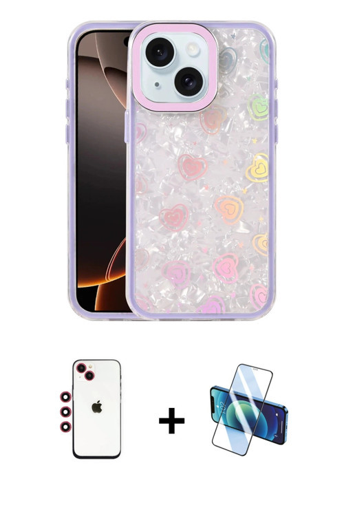 ieg™ iPhone 14 Kılıf Odak Prime - Siyah 3D Antistatik Cam Ekran Koruyucu + Kırmızı Shine Kamera Lens