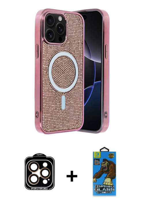 ieg™ iPhone 14 Pro Max Kılıf Eksen Çizgi - Siyah 18D Cam Ekran Koruyucu + Turuncu PVD Metal Kamera L