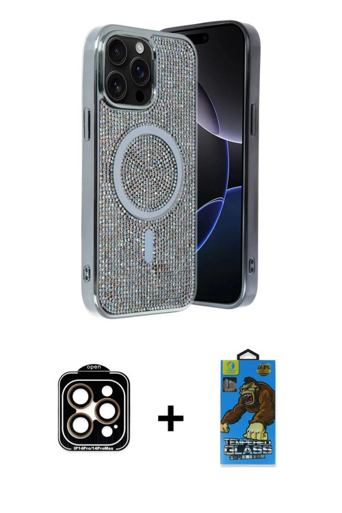 ieg™ iPhone 14 Pro Max Kılıf Eksen Çizgi - Siyah 18D Cam Ekran Koruyucu + Turuncu PVD Metal Kamera L