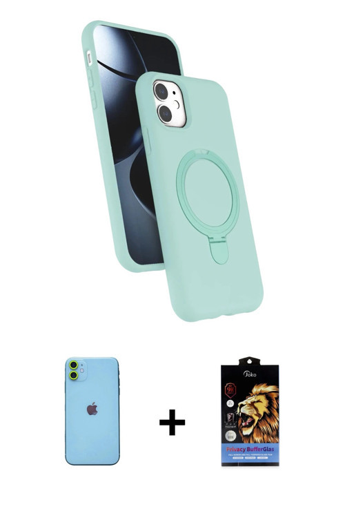ieg™ iPhone 11 Kılıf İz Işık Koleksiyonu - Siyah Buffer Hayalet Cam Ekran Koruyucu + Yeşil Neon Fosf