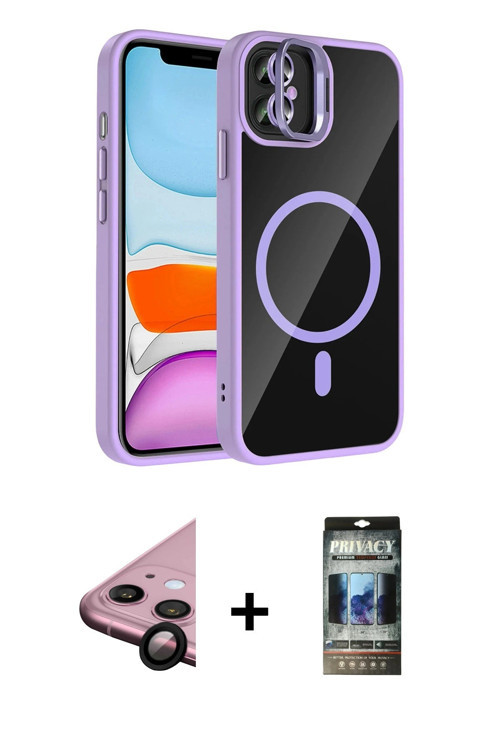 ieg™ iPhone 11 Kılıf Yadigar Asil Koleksiyonu - Siyah 34D Hayalet Izgaralı Cam + Siyah Raze Metal Ka