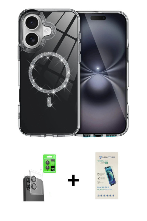 ieg™ iPhone 16 Plus Kılıf Kıvılcım Form Prime - Şeffaf Pasifik Cam Ekran Koruyucu + Siyah Raze Metal