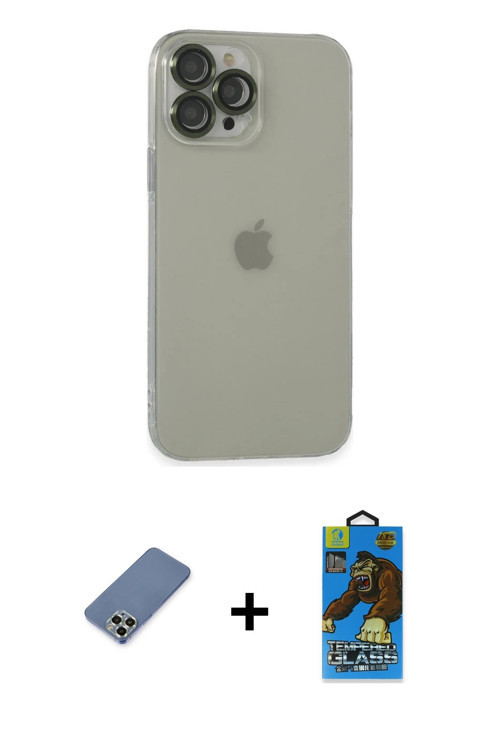 ieg™ iPhone 13 Pro Max Kılıf Ufuk Minimal Özel Seri - Siyah 18D Cam Ekran Koruyucu + Açık Yeşil Meta