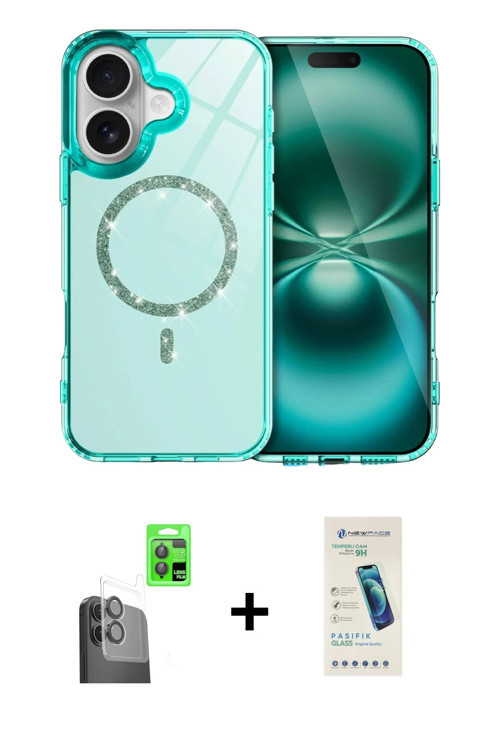 ieg™ iPhone 16 Plus Kılıf Kıvılcım Form Prime - Şeffaf Pasifik Cam Ekran Koruyucu + Siyah Raze Metal