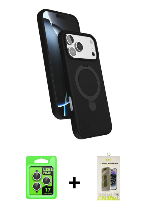ieg™ iPhone 17 Pro Kılıf İz Işık Koleksiyonu - Siyah Joko Magic 5D Hayalet Cam + Gümüş Raze Metal Ka