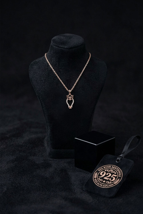 925 Ayar Zirkon Taşlı Rose Minimal Baykuş Gümüş Kolye