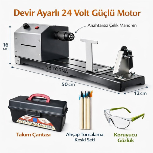24 Volt Devir Ayarlı anahtarsız Çelik Mandrenli Hobi Torna Makinesi
