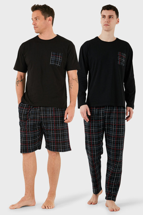 Pamuklu Regular Fit Kareli 2'li Paket Erkek Pijama Takımı 657200120S2 Siyah-Füme-Siyah