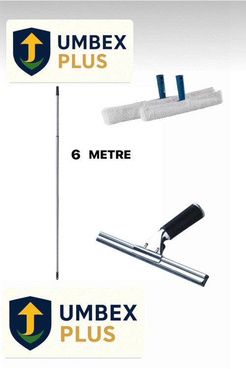 UMBEX -Cam Temizlik Seti 6 Metre Teleskopik Uzayabilen Metal Sap 35 Cm Cam Peluş Ve Cam Çekceği