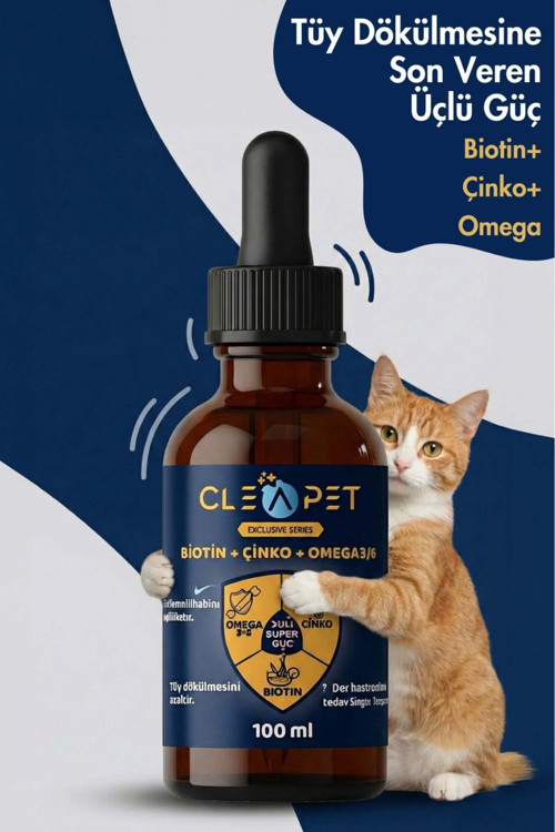 Tüy Dökülme Engelleyici Kedi Damla - Biotin, Çinko ve Omega 3-6-9. - 100 ml.