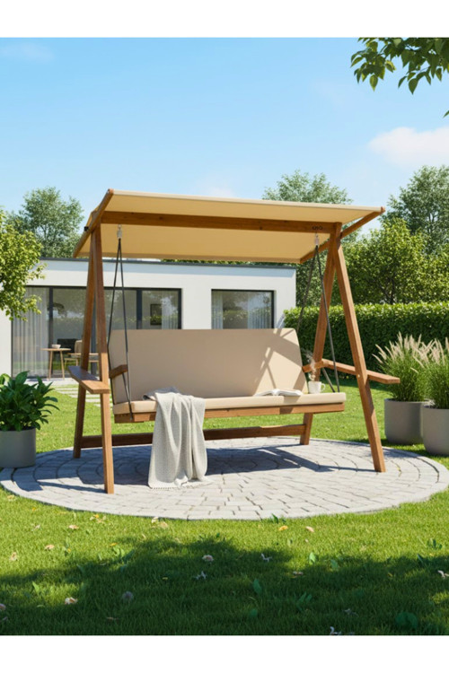 RİVA 2100 3 Kişilik Ahşap Bahçe Salıncağı, Balkon ve Teras Salıncağı, Tenteli/Camel