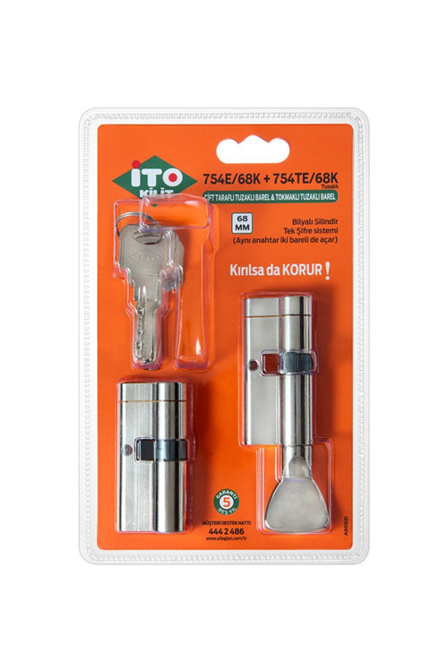 Kilit 68 mm Tuzaklı Ikiz Silindir Barel Seti - Karşılıklı Açılır - Çelik Kapı Kilidi