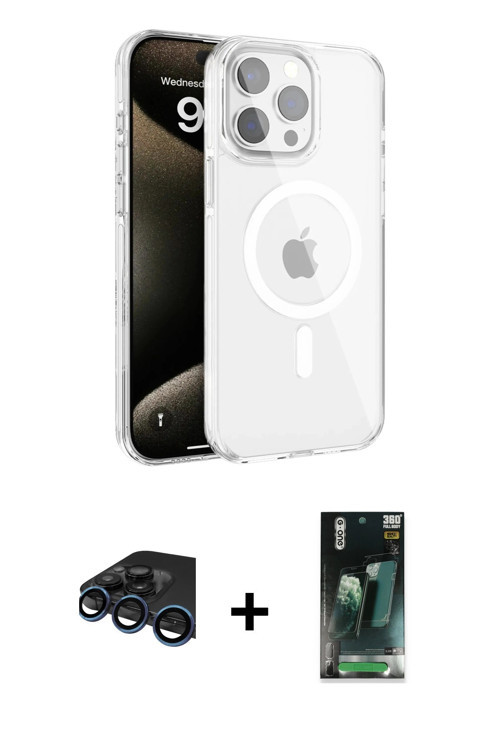 ieg™ iPhone 15 Pro Max Kılıf Doruk Doku Özel Seri - Şeffaf 360 Full Body Arka Koruyucu + Lacivert Ra