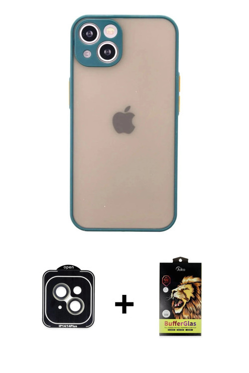 ieg™ iPhone 14 Kılıf Ahenk Çizgi Serisi - Siyah Buffer Cam Ekran Koruyucu + Yeşil PVD Metal Kamera L