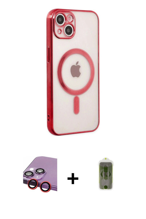 ieg™ iPhone 14 Plus Kılıf Doruk Minimal - Siyah Joko Magic 5D Hayalet Cam + Kırmızı Raze Metal Kamer