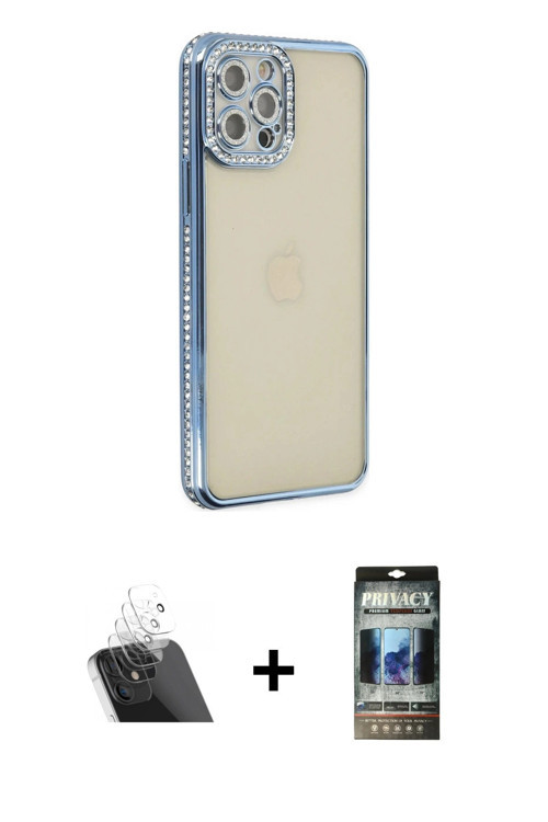 ieg™ iPhone 12 Pro Kılıf Yörünge Koleksiyonu - Siyah 34D Hayalet Izgaralı Cam + Şeffaf Kamera Lens K