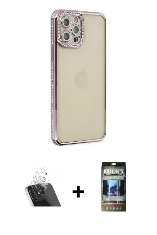 ieg™ iPhone 12 Pro Kılıf Yörünge Koleksiyonu - Siyah 34D Hayalet Izgaralı Cam + Şeffaf Kamera Lens K