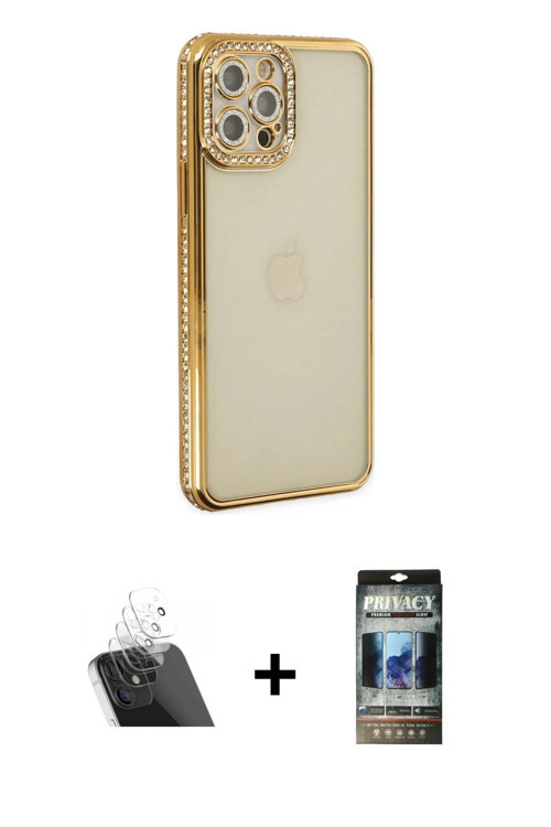 ieg™ iPhone 12 Pro Kılıf Yörünge Koleksiyonu - Siyah 34D Hayalet Izgaralı Cam + Şeffaf Kamera Lens K