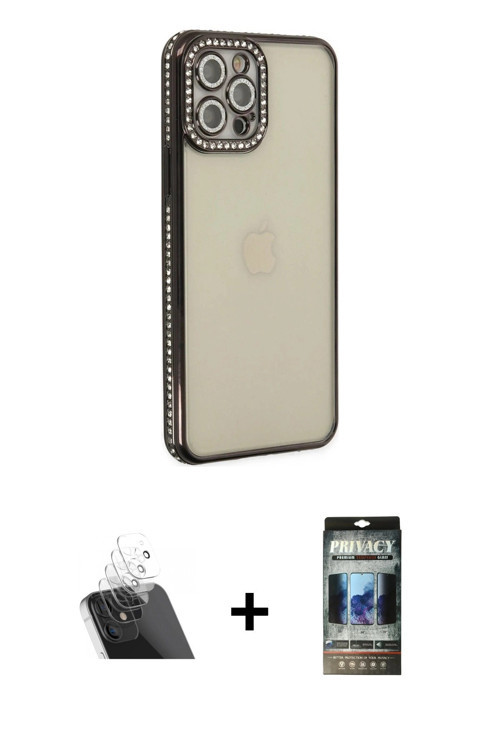 ieg™ iPhone 12 Pro Kılıf Yörünge Koleksiyonu - Siyah 34D Hayalet Izgaralı Cam + Şeffaf Kamera Lens K